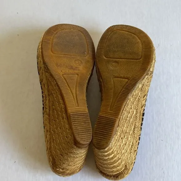 BURBERRY Canvas Espadrille Thong Wedge Sandals Size 36
