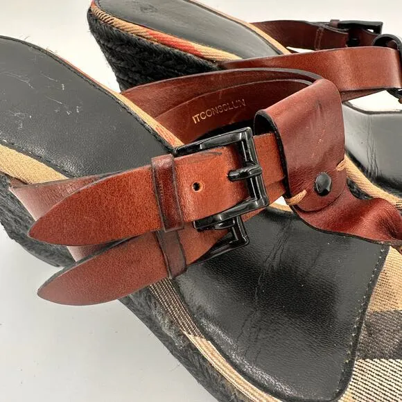 Burberry Leather Brown Wedge Espadrille Thong Heels Sandals Size 39 / 9