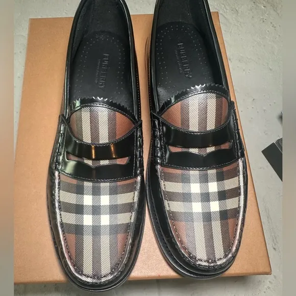 Burberry Shane Men's Black/Beige Checkered Leather Penny Loafers Size 40 or 7 Us