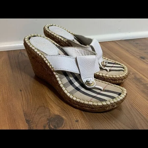 Burberry Sz EU 37 White Leather Espadrilles Wedge Heels
