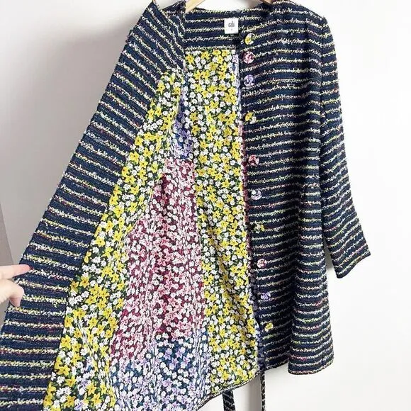 CABI Headline Tweed Topper Jacket Coat 8 Medium Floral Button Navy Blue Pink