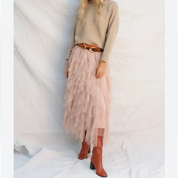 Carrie Black Textured Tulle Mesh Midi Skirt