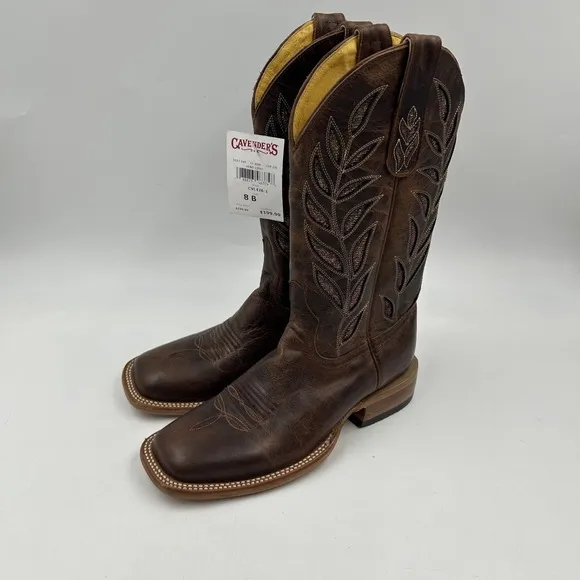 Cavender's women's 8B cognac gold sparkle inlay wide square toe cowboy boots NWT