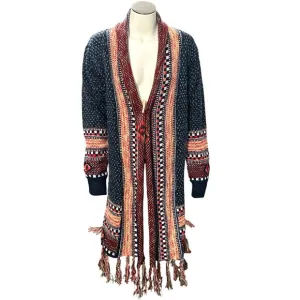 CCC Bohemian Aztec Tribal Print Knit Cardigan Fringe Multicolor Pattern Sweater