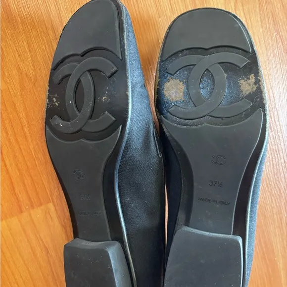 CHANEL Black Loafers Linen/Leather Accent EUC Size 37 1/2