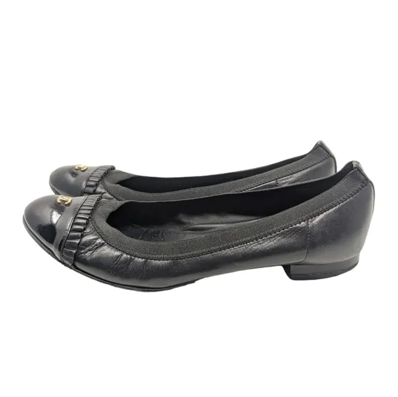 Chanel Black Patent Leather Ballerina Ballet Cap Toe Ruffle Flats Size EU 37.5