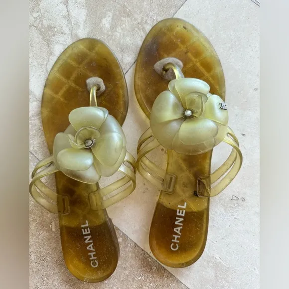 Chanel Camelia Flower Thong Sandals Yellow 38