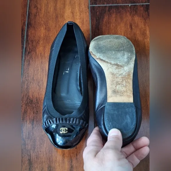 Chanel Ruffled Ballerina Flats With Gold Detail, Size EU 36.5 US 6.5