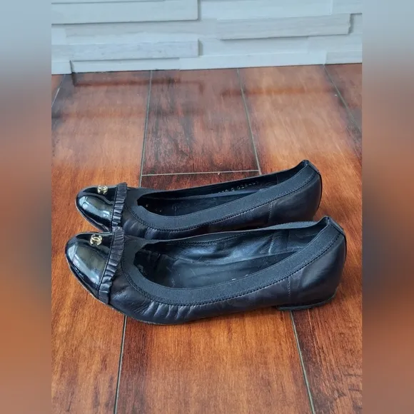 Chanel Ruffled Ballerina Flats With Gold Detail, Size EU 36.5 US 6.5