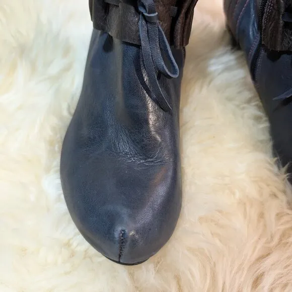Chanii B Knee High Blue Leather Ruffle Heeled Zip Up Boots Size 41