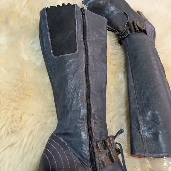 Chanii B Knee High Blue Leather Ruffle Heeled Zip Up Boots Size 41