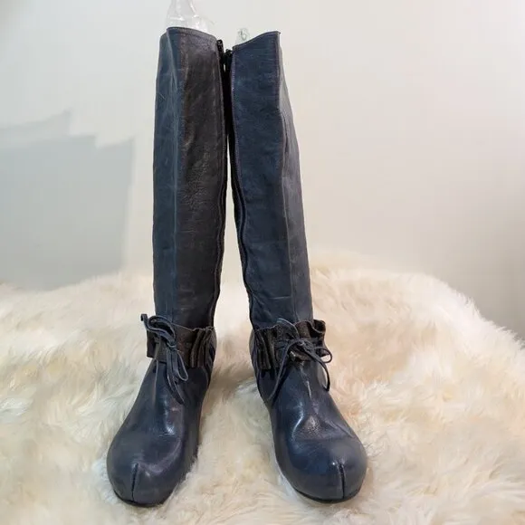 Chanii B Knee High Blue Leather Ruffle Heeled Zip Up Boots Size 41