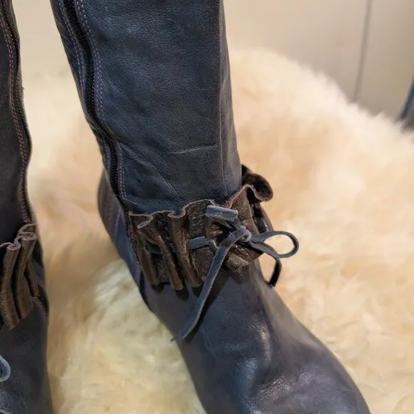 Chanii B Knee High Blue Leather Ruffle Heeled Zip Up Boots Size 41