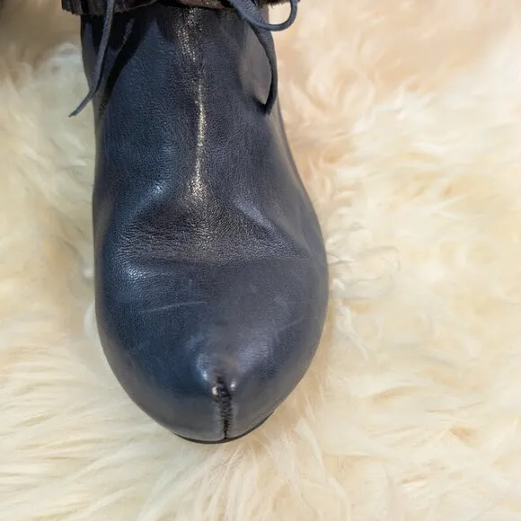 Chanii B Knee High Blue Leather Ruffle Heeled Zip Up Boots Size 41