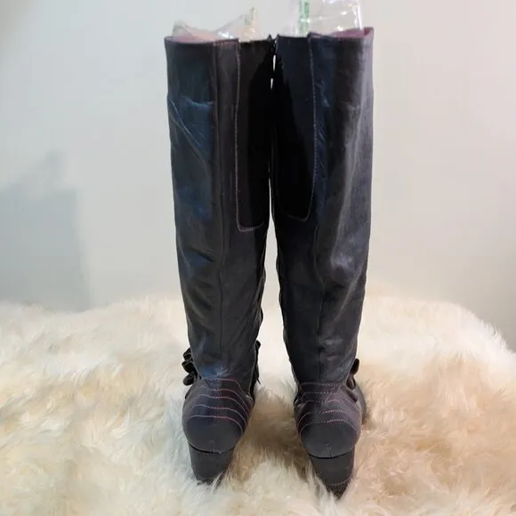 Chanii B Knee High Blue Leather Ruffle Heeled Zip Up Boots Size 41