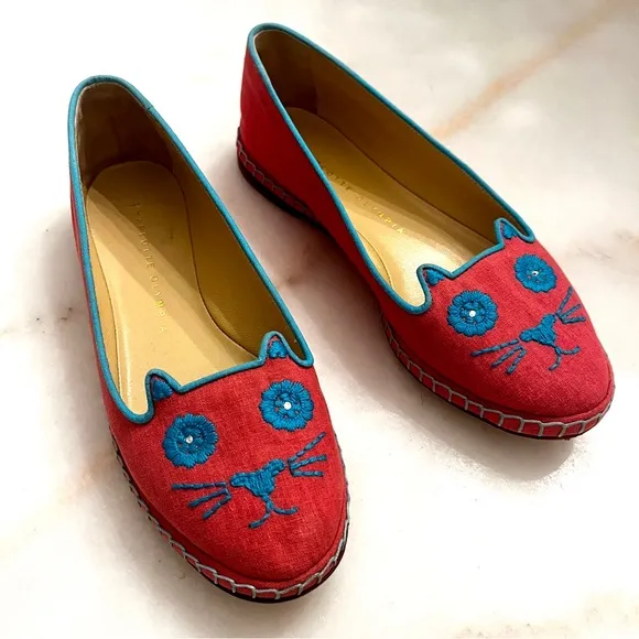 Charlotte Olympia Mexi-Cat Stitch Ballet Flats in Hibiscus Sz‎ IT 35.5 US 5.5