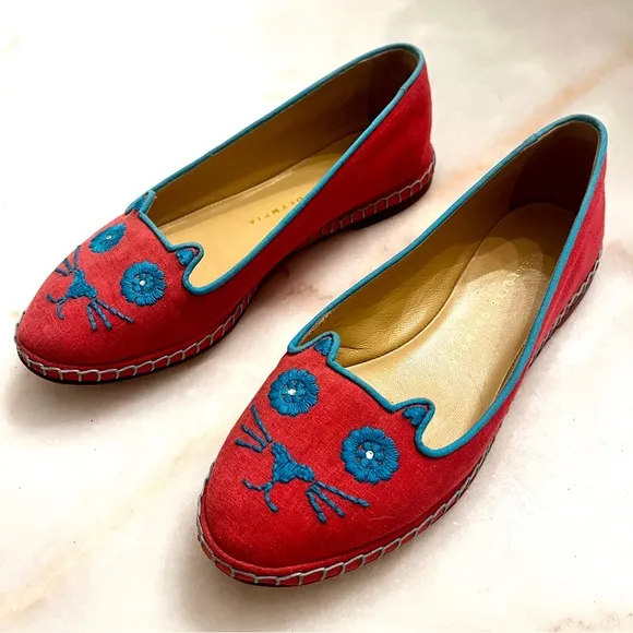 Charlotte Olympia Mexi-Cat Stitch Ballet Flats in Hibiscus Sz‎ IT 35.5 US 5.5