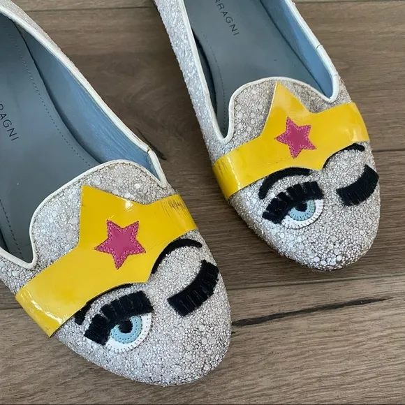 chiara ferragni wonder woman comic quirky sequin flats loafers shoes