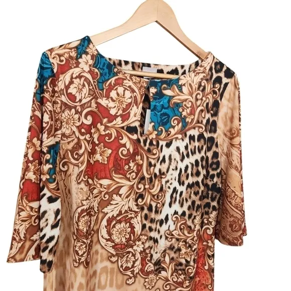 Chico's Mixed Animal Print Keyhole Neckline Dress Jersey Shift