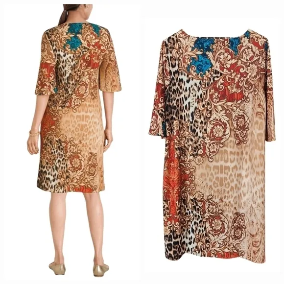 Chico's Mixed Animal Print Keyhole Neckline Dress Jersey Shift