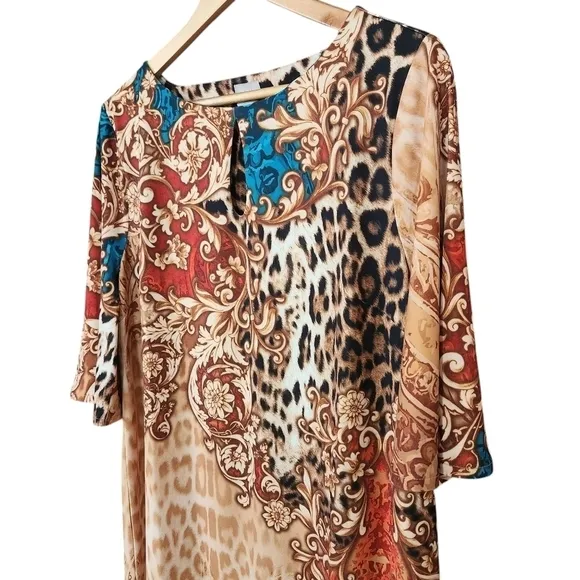 Chico's Mixed Animal Print Keyhole Neckline Dress Jersey Shift