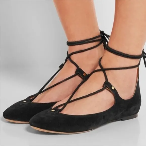 CHLOÉ “Foster” black suede lace-up ballet flats w/ dust bags size EU 36.5 / US 6