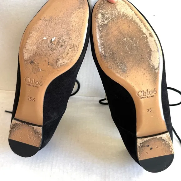 CHLOÉ “Foster” black suede lace-up ballet flats w/ dust bags size EU 36.5 / US 6