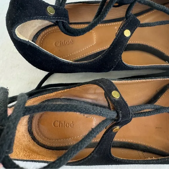 CHLOÉ “Foster” black suede lace-up ballet flats w/ dust bags size EU 36.5 / US 6