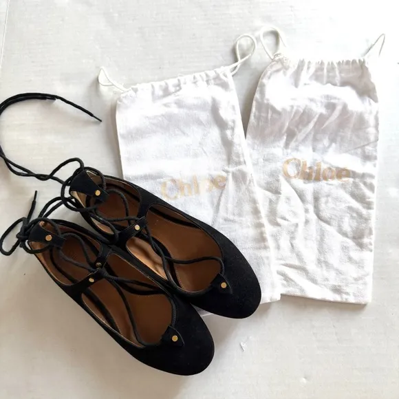 CHLOÉ “Foster” black suede lace-up ballet flats w/ dust bags size EU 36.5 / US 6