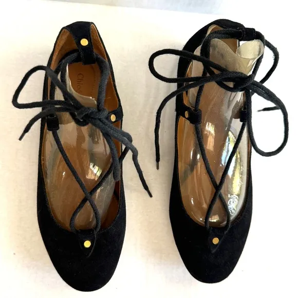 CHLOÉ “Foster” black suede lace-up ballet flats w/ dust bags size EU 36.5 / US 6