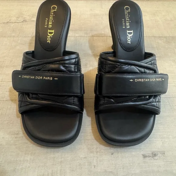 Christian Dior Revolution Cannage Quilt Calfskin Leather Heeled Slide Sandals
