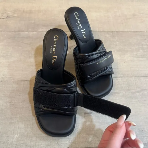 Christian Dior Revolution Cannage Quilt Calfskin Leather Heeled Slide Sandals