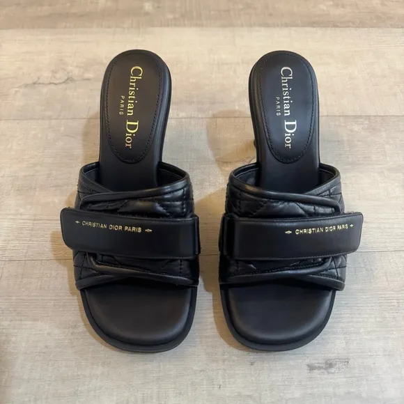 Christian Dior Revolution Cannage Quilt Calfskin Leather Heeled Slide Sandals