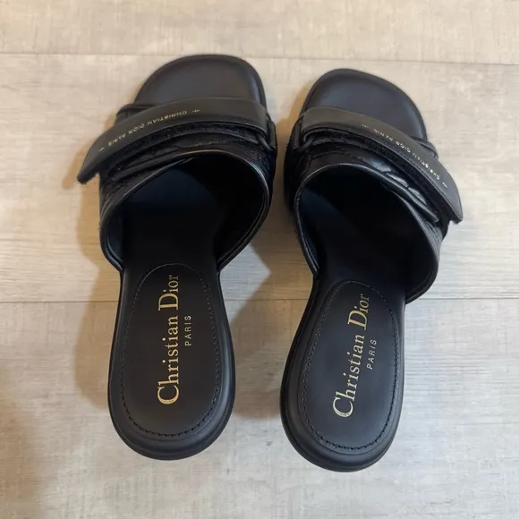 Christian Dior Revolution Cannage Quilt Calfskin Leather Heeled Slide Sandals