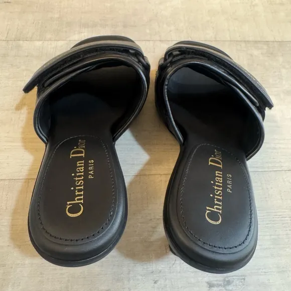 Christian Dior Revolution Cannage Quilt Calfskin Leather Heeled Slide Sandals
