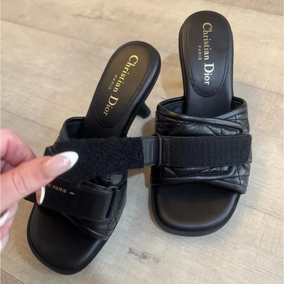 Christian Dior Revolution Cannage Quilt Calfskin Leather Heeled Slide Sandals