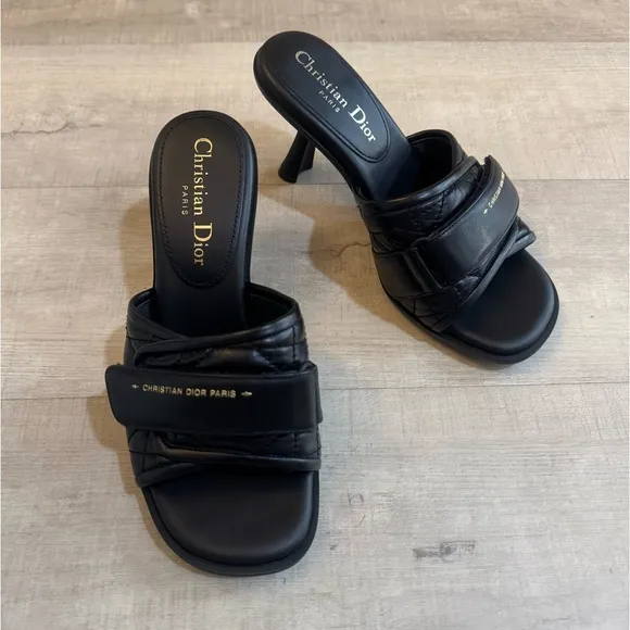 Christian Dior Revolution Cannage Quilt Calfskin Leather Heeled Slide Sandals