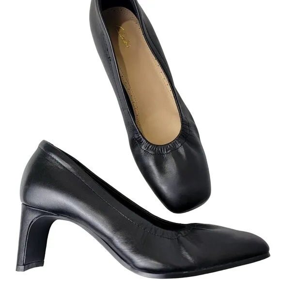 Clarks Leather Ballet Style Block Heels Women 8.5 Black Shoes Formal Work Party