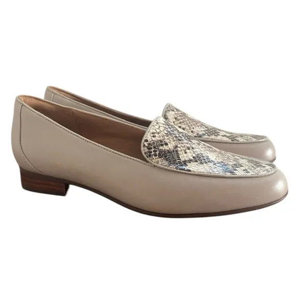 Clarks Unstructured Leather Taupe &amp; Snakeskin Loafer Shoes, EUC, Women’s 7.5 M