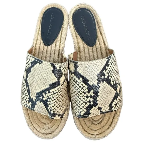 Coach Claudia Snakeskin Print Espadrille Slides Jute Flat Sandals Size 8.5