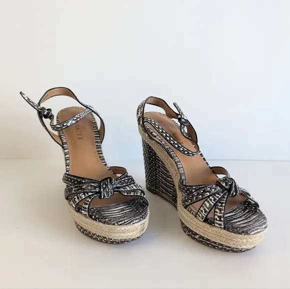 Coach Dalton Snakeskin Leather Braided Espadrille Wedge Strappy Sandal sz 7½