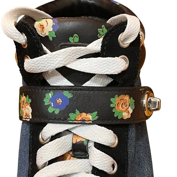 Coach Denim Floral Suede Sneakers Blue Black High Top Booties Pembroke Clasp