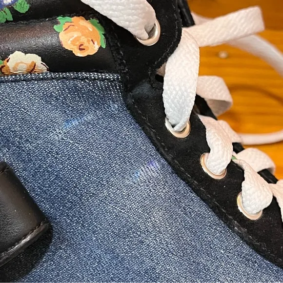 Coach Denim Floral Suede Sneakers Blue Black High Top Booties Pembroke Clasp