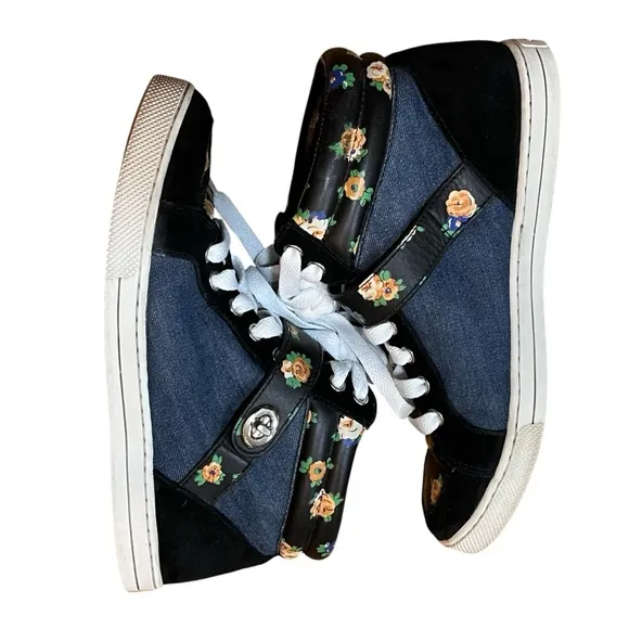 Coach Denim Floral Suede Sneakers Blue Black High Top Booties Pembroke Clasp
