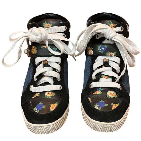 Coach Denim Floral Suede Sneakers Blue Black High Top Booties Pembroke Clasp