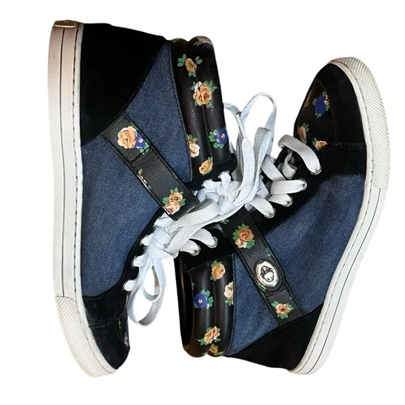 Coach Denim Floral Suede Sneakers Blue Black High Top Booties Pembroke Clasp