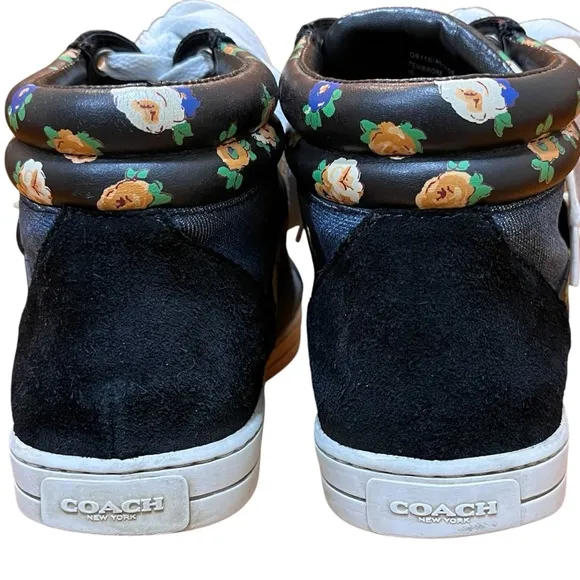 Coach Denim Floral Suede Sneakers Blue Black High Top Booties Pembroke Clasp