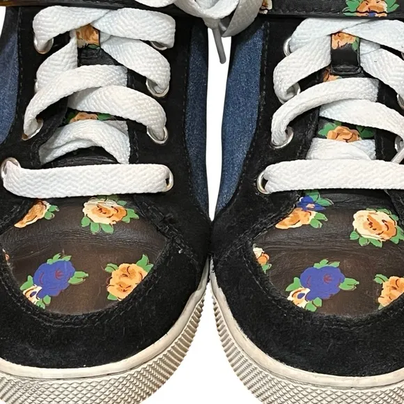 Coach Denim Floral Suede Sneakers Blue Black High Top Booties Pembroke Clasp
