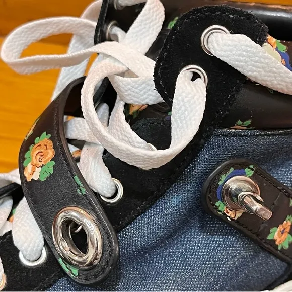 Coach Denim Floral Suede Sneakers Blue Black High Top Booties Pembroke Clasp