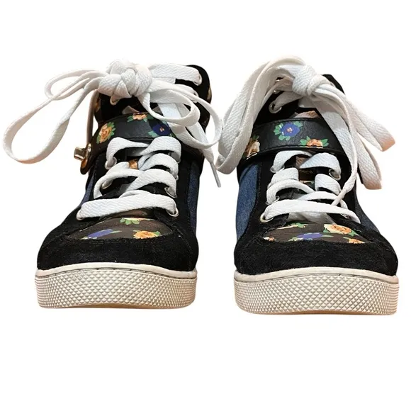 Coach Denim Floral Suede Sneakers Blue Black High Top Booties Pembroke Clasp